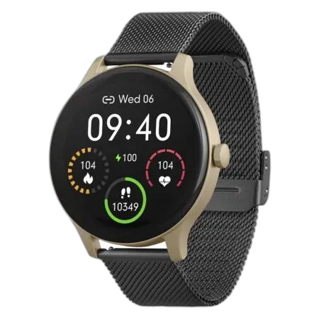 Stylowy smartwatch Garett Classy w połączeniu złotego koperty i czarnego stalowego paska. Wyposażony w okrągły wyświetlacz oferujący funkcje monitorowania zdrowia, aktywności oraz powiadomienia. Idealny zarówno na co dzień, jak i na specjalne okazje.