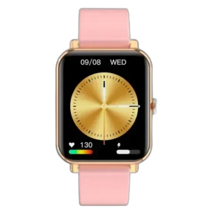 Elegancki smartwatch Garett GRC Classic Gold z różowym silikonowym paskiem. Złota obudowa i klasyczny wyświetlacz wskazówkowy z funkcjami monitorowania tętna i aktywności fizycznej. Idealny dla osób ceniących styl i nowoczesność.