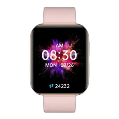 Smartwatch Garett GRC Maxx w eleganckim złotym kolorze z różowym silikonowym paskiem. Wyposażony w prostokątny wyświetlacz dotykowy, pokazujący godzinę, datę oraz liczbę wykonanych kroków. Idealne połączenie nowoczesnej technologii z subtelnym designem.