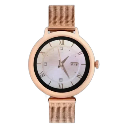 Smartwatch Garett Lady Julia RT w złotym kolorze, wykonany ze stali nierdzewnej. Minimalistyczna, okrągła tarcza z eleganckim wzorem i subtelnymi rzymskimi cyframi. Złoty pasek typu mesh zapewnia wygodę i nowoczesny wygląd. Idealny dla kobiet szukających stylowego i funkcjonalnego zegarka.