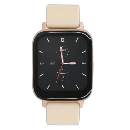 Smartwatch Garett Sport Mode Pro RT w eleganckim złotym wykończeniu z jasnym paskiem. Stylowy dotykowy ekran prezentuje klasyczny motyw zegara analogowego, wraz z informacjami o krokach, tętnie i dniu tygodnia. Idealny dla osób ceniących funkcjonalność i nowoczesny design.