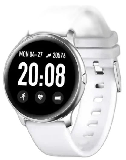 Elegancki smartwatch Garett Women Lady Rosa RT w białej wersji kolorystycznej, z silikonowym paskiem i okrągłym ekranem dotykowym. Wyświetla funkcje takie jak czas, kroki, tętno i powiadomienia. Idealny dodatek dla stylowych i aktywnych kobiet.