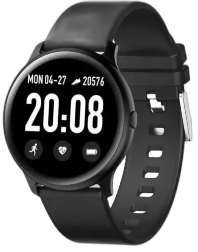 Stylowy smartwatch Garett Women Lady Rosa RT w czarnej wersji kolorystycznej, z silikonowym paskiem i okrągłym ekranem dotykowym. Wyświetla dane takie jak czas, kroki, kalorie, tętno oraz powiadomienia. Doskonały wybór dla nowoczesnych, aktywnych kobiet.