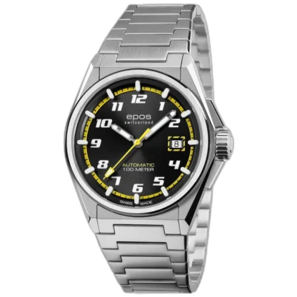 Zegarek Epos Sport Automatic 3505132205530 łączy w sobie elegancję i funkcjonalność. Jego czarna tarcza z żółtymi akcentami świetnie kontrastuje z metalową bransoletą. Doskonała wodoszczelność do 100 metrów sprawia, że jest idealnym wyborem dla osób aktywnych.