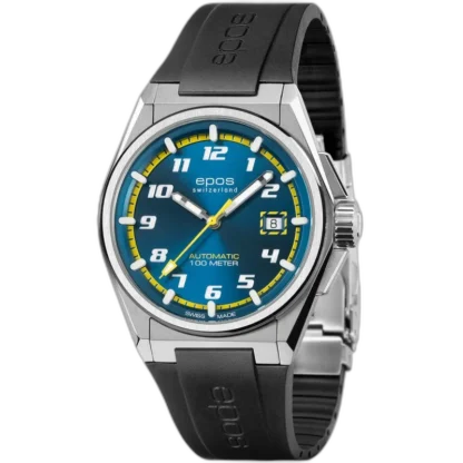 Zegarek Epos Sport Automatic 3505132205655 wyróżnia się dynamiczną tarczą w kolorze niebieskim z akcentami żółtego. Idealny do aktywnego stylu życia, oferuje wodoszczelność do 100 metrów i gumowy pasek zapewniający wygodę oraz trwałość.