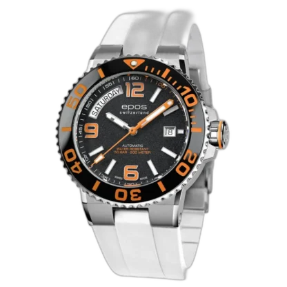 Zegarek Epos 3441142999250 z czarną tarczą i pomarańczowymi detalami na białym pasku to model, który łączy sportowy charakter z wysoką funkcjonalnością. Jego wodoodporność do 500 metrów oraz automatyczny mechanizm sprawiają, że idealnie sprawdzi się podczas aktywności wodnych, a jednocześnie będzie świetnym wyborem na co dzień, dzięki wyrazistemu i nowoczesnemu designowi.