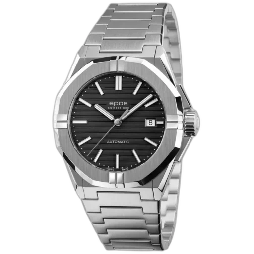 Zegarek Epos Sportive Automatic 3506 to elegancki czasomierz, który łączy nowoczesny design z niezawodnością szwajcarskiego rzemiosła. Jego czarna tarcza z delikatnymi poziomymi liniami dodaje głębi i stylu, a precyzyjne wskazówki i indeksy podkreślają luksusowy charakter. Stalowa koperta o solidnej konstrukcji oraz zintegrowana bransoleta zapewniają wygodę i trwałość. Mechanizm automatyczny z datownikiem gwarantuje nie tylko niezawodność, ale również funkcjonalność na co dzień. Idealny wybór dla miłośników klasyki z nutą współczesnej elegancji.