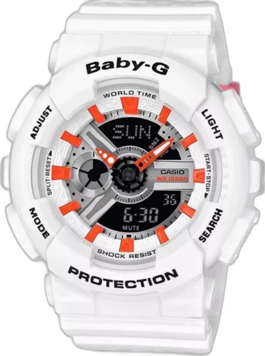 Casio BABY-G BA-110PP-7A2ER – wytrzymały biały zegarek sportowy dla kobiet z pomarańczowymi akcentami, odporny na wstrząsy, wodoodporny do 100 m, z analogowo-cyfrowym wyświetlaczem i funkcją World Time.