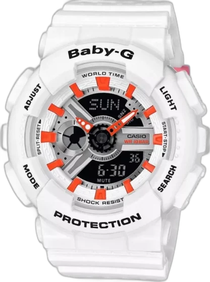 Casio BABY-G BA-110PP-7A2ER – wytrzymały biały zegarek sportowy dla kobiet z pomarańczowymi akcentami, odporny na wstrząsy, wodoodporny do 100 m, z analogowo-cyfrowym wyświetlaczem i funkcją World Time.