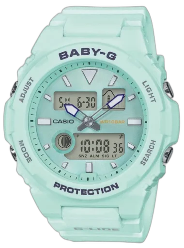Casio BABY-G BAX-100-3A – stylowy miętowy zegarek sportowy dla kobiet, z cyfrowym i analogowym wyświetlaczem, funkcją pływów, wodoodpornością 100 m i odporną na wstrząsy konstrukcją.