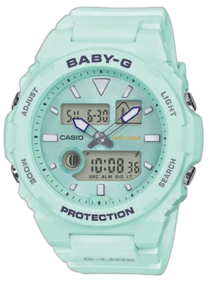 Casio BABY-G BAX-100-3A – stylowy miętowy zegarek sportowy dla kobiet, z cyfrowym i analogowym wyświetlaczem, funkcją pływów, wodoodpornością 100 m i odporną na wstrząsy konstrukcją.