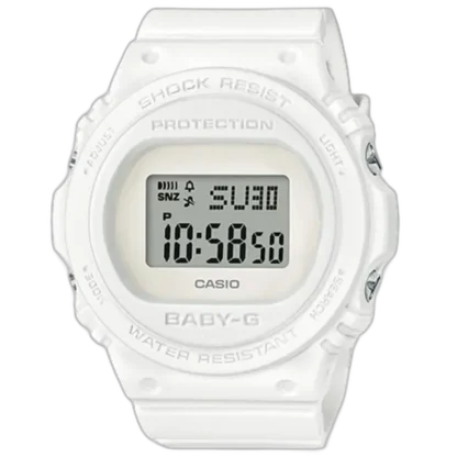 Casio BABY-G BGD-570-7 – damski zegarek sportowy w białej obudowie, wodoodporny do 200 m, odporny na wstrząsy, wyposażony w podświetlenie i funkcję alarmu.