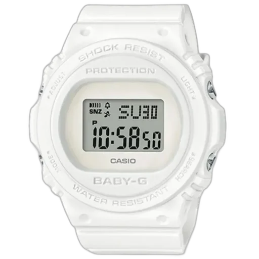 Casio BABY-G BGD-570-7 – damski zegarek sportowy w białej obudowie, wodoodporny do 200 m, odporny na wstrząsy, wyposażony w podświetlenie i funkcję alarmu.