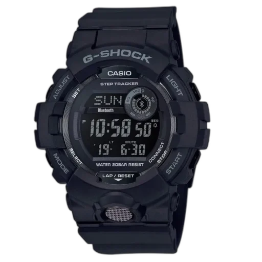 Czarny zegarek sportowy Casio G-Shock G-Squad GBD-800-1BER wyposażony w Bluetooth, krokomierz i wodoodporność do 20 ATM. Model oferuje funkcje śledzenia aktywności fizycznej, odporną na wstrząsy konstrukcję oraz nowoczesny design idealny dla aktywnych użytkowników.