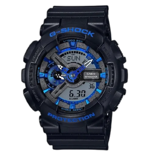 Męski zegarek Casio G-Shock GA-110CB-1AER z cyfrowo-analogowym wyświetlaczem, czarną kopertą i niebieskimi detalami. Wytrzymała konstrukcja odporna na wstrząsy, wodoodporność 20 ATM oraz precyzyjny mechanizm. Idealny model dla aktywnych osób ceniących styl i funkcjonalność.