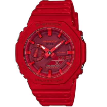 Sportowy zegarek Casio G-Shock GA-2100-4AER w jaskrawoczerwonym kolorze z analogowo-cyfrowym wyświetlaczem. Ultrawytrzymała konstrukcja Carbon Core Guard, wodoodporność do 200 m i nowoczesny design. Idealny dla osób aktywnych ceniących styl i niezawodność.