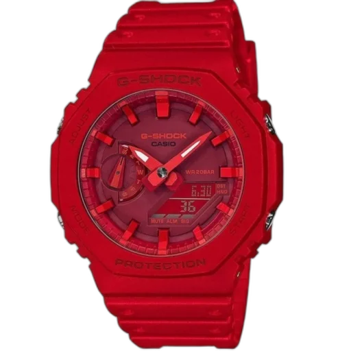 Sportowy zegarek Casio G-Shock GA-2100-4AER w jaskrawoczerwonym kolorze z analogowo-cyfrowym wyświetlaczem. Ultrawytrzymała konstrukcja Carbon Core Guard, wodoodporność do 200 m i nowoczesny design. Idealny dla osób aktywnych ceniących styl i niezawodność.