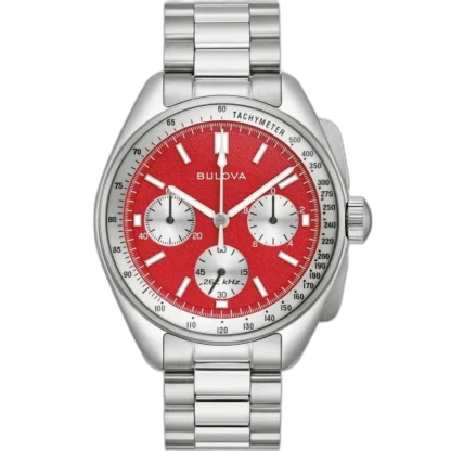 Zegarek Bulova Lunar Pilot Chronograph 96K115 to model łączący sportowy charakter z elegancką precyzją. Czerwona tarcza z kontrastującymi srebrnymi detalami i funkcjami chronografu nadaje mu wyjątkowy wygląd. Stalowa bransoleta oraz mechanizm o częstotliwości 262 kHz gwarantują precyzję, a jego solidna obudowa zapewnia odporność na wodę do 5ATM. Idealny dla miłośników nowoczesnych zegarków o sportowym charakterze i wysokiej jakości wykonaniu.