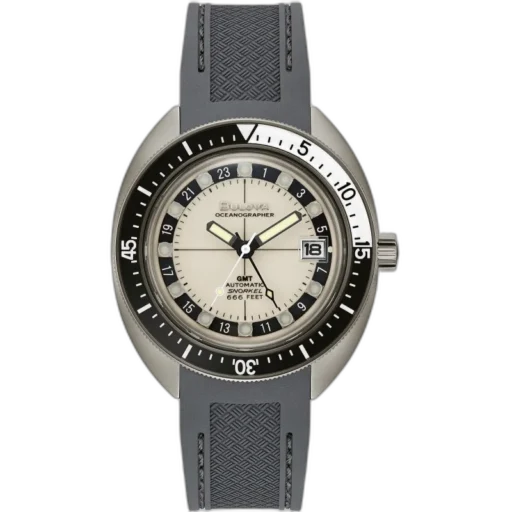 Zegarek Bulova Oceanographer Automatic GMT 98B407 to model stworzony z myślą o osobach szukających wyjątkowej funkcjonalności oraz stylowego wyglądu. Zegarek wyposażony w mechanizm GMT oraz automatyczny napęd zapewnia precyzyjne wskazania czasu w dwóch strefach czasowych. Jego odporność na wodę do 200 metrów i wytrzymały pasek silikonowy czynią go idealnym wyborem do sportów wodnych. Z kolei nowoczesny design z eleganckim, kontrastującym cyferblatem i wytrzymałą obudową sprawia, że będzie świetnym dodatkiem do codziennych oraz sportowych stylizacji.