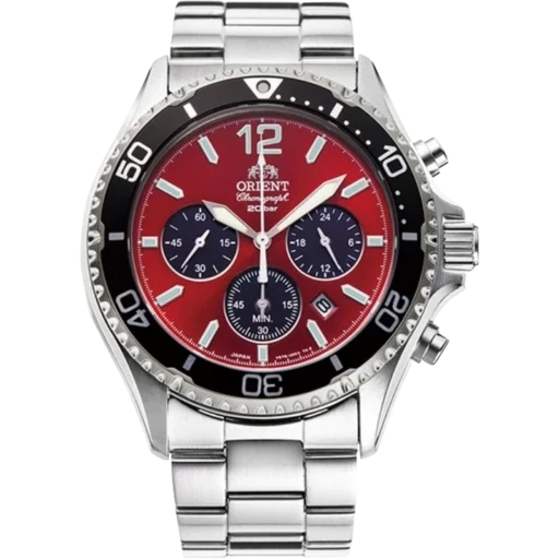 Zegarek Orient RA-TX0207R10B to dynamiczna propozycja dla mężczyzn ceniących sportowy styl i precyzję. Model wyróżnia się intensywnie czerwoną tarczą z trzema kontrastującymi subtarczami chronografu, osadzonymi w masywnej stalowej kopercie. Szeroka luneta z oznaczeniami nurkowymi i solidna bransoleta podkreślają jego męski charakter. Wodoszczelność do 200 metrów oraz datownik na godzinie 4 czynią go idealnym wyborem zarówno na co dzień, jak i do aktywności wodnych. To funkcjonalny zegarek z wyrazistym designem, który przyciąga wzrok i zapewnia niezawodność.
