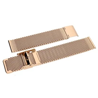 Bransoleta stalowa Tekla Mesh o szerokości 20 mm w kolorze różowego złota to elegancka propozycja dla osób poszukujących stylowego i wygodnego dodatku do zegarka. Wykonana z drobno plecionej stali nierdzewnej typu Milanese, zapewnia doskonałe dopasowanie do nadgarstka i komfort noszenia. Zapięcie typu G-Link umożliwia łatwą regulację długości, a różowozłote wykończenie dodaje całości wyrafinowanego charakteru. Idealna do zegarków klasycznych i nowoczesnych, stanowi subtelne, a zarazem wyraziste uzupełnienie codziennego stylu.