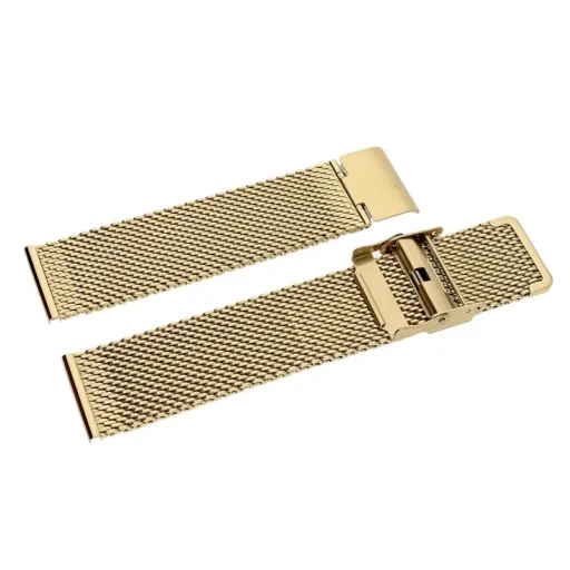 Bransoleta Tekla Mesh 22 mm w złotym kolorze to elegancka propozycja wykonana ze stali nierdzewnej o splocie typu „milanaise”. Jej gęsta plecionka nadaje jej wyjątkowy, subtelny wygląd, który doskonale komponuje się zarówno z klasycznymi, jak i nowoczesnymi zegarkami. Regulowane zapięcie zatrzaskowe zapewnia komfort noszenia i precyzyjne dopasowanie do nadgarstka. Dzięki złotemu wykończeniu, bransoleta prezentuje się luksusowo i stanowi stylowy dodatek do każdego zegarka o szerokości uszu 22 mm. Idealna dla osób ceniących minimalistyczny design i wysoką jakość wykonania.