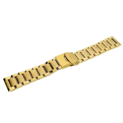 Bransoleta Tekla 22 mm w złotym kolorze, widoczna na zdjęciu, to klasyczny model typu Oyster, znany z solidnej, trzyrzędowej konstrukcji ogniw. Szerokie, płaskie ogniwa o polerowanym wykończeniu nadają jej eleganckiego, ale zarazem sportowego charakteru. Zapięcie zatrzaskowe typu motylkowego z zabezpieczeniem zapewnia pewność noszenia i łatwą obsługę. To doskonały wybór dla osób szukających wytrzymałej bransolety do zegarka, która łączy prestiżowy wygląd ze swobodą codziennego użytkowania. Idealna zarówno do klasycznych zegarków, jak i nowoczesnych modeli o większej kopercie.