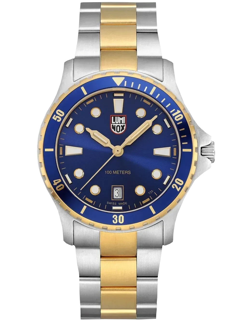 Zegarek Luminox XS.0944 Sport Timer to wyrazista propozycja o średnicy 40 mm, która łączy sportowy charakter z nutą elegancji. Niebieska tarcza i bezel kontrastują z dwukolorową bransoletą ze stali szlachetnej z pozłacanym środkowym ogniwem, tworząc stylowy, marynistyczny wygląd. Indeksy i wskazówki w złotym odcieniu podkreślają prestiżowy charakter modelu. Dzięki wodoodporności 100 metrów oraz datownikowi umieszczonemu na godzinie 6, zegarek jest nie tylko efektowny, ale również funkcjonalny. Idealny dla mężczyzn ceniących odważne, ale klasyczne dodatki.