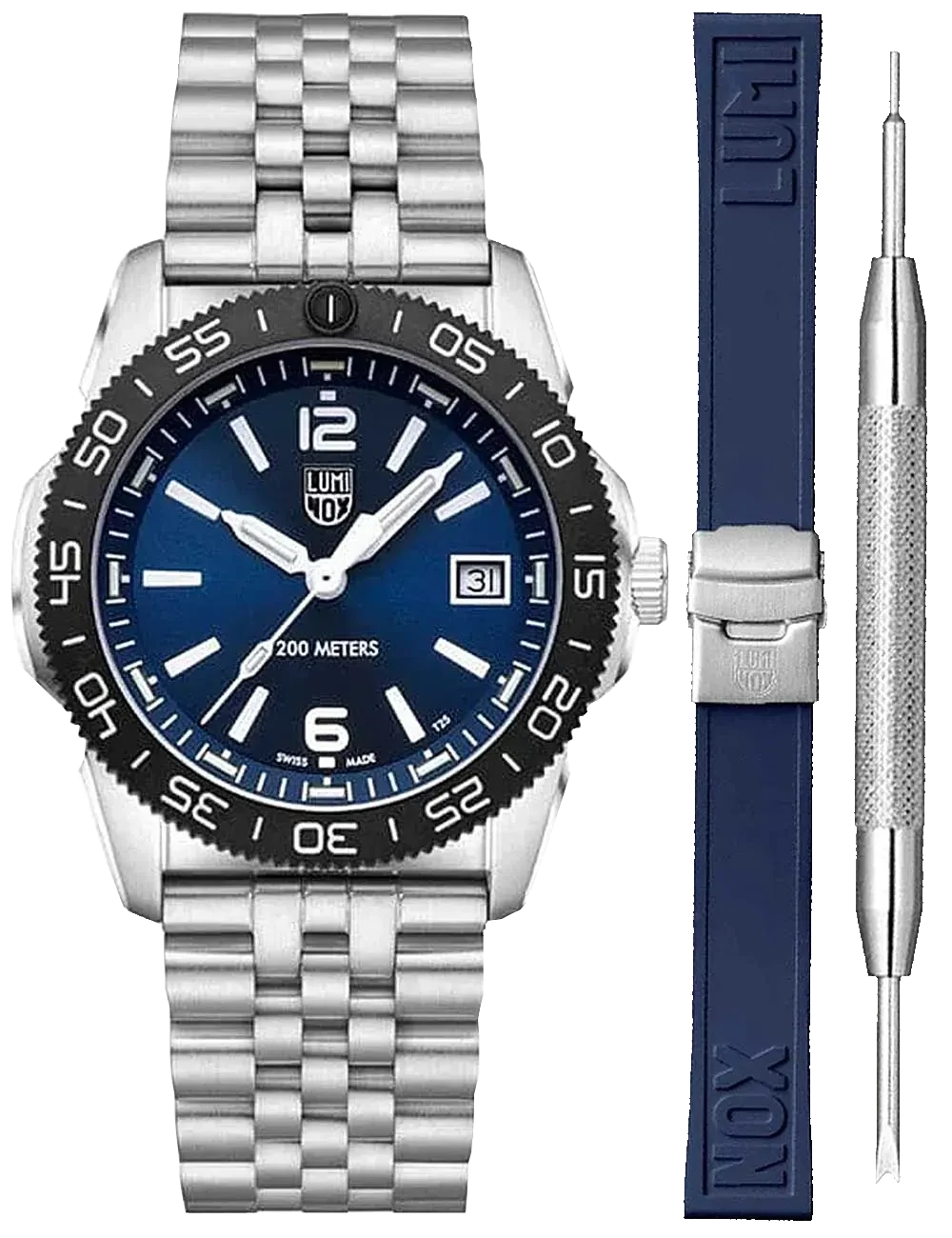 Zegarek Luminox XS.3123M.SET Pacific Diver to wszechstronny model unisex o średnicy 39 mm, idealny zarówno do codziennego użytku, jak i aktywności sportowych. Błękitna tarcza z czytelnymi indeksami kontrastuje ze stalową bransoletą jubilee, która nadaje całości eleganckiego charakteru. W zestawie znajduje się również dodatkowy pasek z niebieskiego kauczuku oraz narzędzie do jego szybkiej wymiany. Zegarek oferuje wodoodporność do 200 metrów i wyposażony jest w szwajcarski mechanizm kwarcowy, zapewniający precyzję i niezawodność w każdej sytuacji. Idealny wybór dla osób ceniących funkcjonalność i styl.