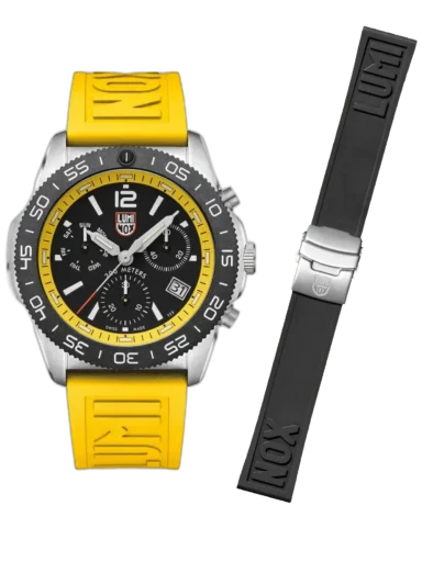 Zegarek Luminox XS.3145.SET Pacific Diver Chronograph to wyrazisty model o sportowym charakterze, wyróżniający się czarno-żółtą kolorystyką oraz precyzyjnym chronografem. Stalowa koperta o średnicy 44 mm zapewnia solidność i trwałość, a wodoszczelność na poziomie 200 metrów czyni go idealnym towarzyszem do nurkowania i aktywności wodnych. Zegarek wyposażono w funkcję datownika oraz wymienne paski – żółty i czarny – które umożliwiają łatwe dopasowanie stylu do okazji. To idealny wybór dla osób poszukujących zegarka łączącego funkcjonalność z wyrazistym designem.