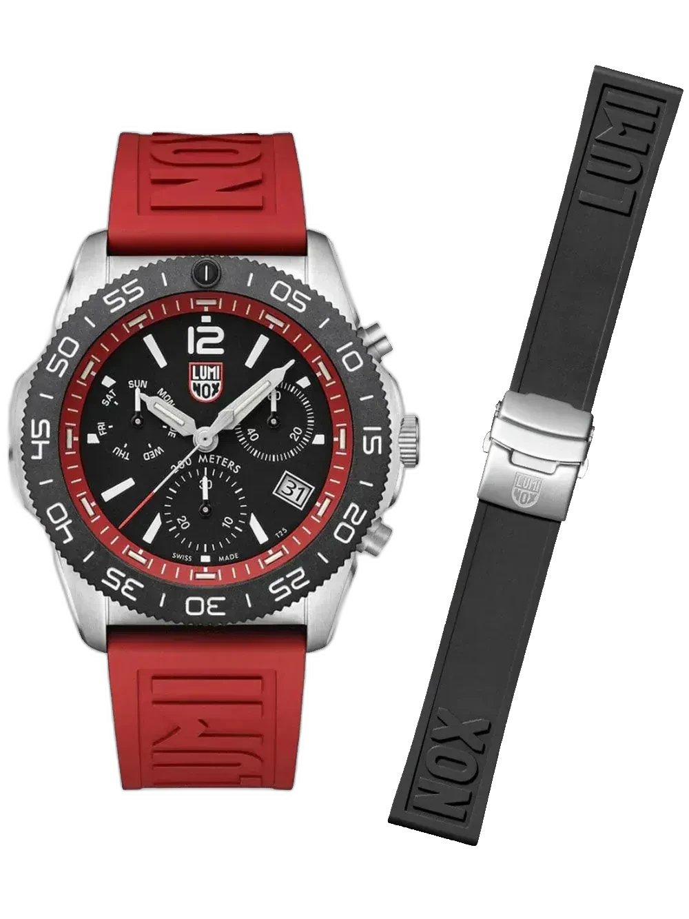 Zegarek Luminox XS.3155.SET Pacific Diver Chronograph to wyrazista propozycja o sportowym charakterze, stworzona z myślą o aktywnych mężczyznach. Posiada 44-milimetrową stalową kopertę oraz czerwony bezel i pasek, które nadają mu dynamicznego wyglądu. Czarna tarcza z białymi indeksami i trzema subtarczami chronografu umożliwia precyzyjne odmierzanie czasu. Dodatkowo zegarek oferuje funkcję datownika i wskaźnik dnia tygodnia. Dzięki wodoodporności 200 metrów świetnie sprawdzi się podczas pływania i nurkowania. W zestawie znajduje się również dodatkowy czarny gumowy pasek, pozwalający na szybką zmianę stylizacji.