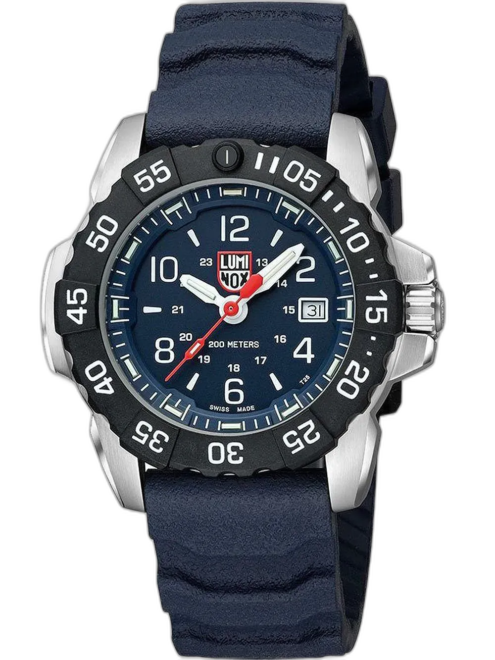 Zegarek Luminox XS.3253.CB Navy Seal Steel to solidny model stworzony z myślą o wymagających użytkownikach. Granatowa tarcza z białymi indeksami i czerwonym sekundnikiem gwarantuje doskonałą czytelność, a koperta ze stali nierdzewnej i wodoodporność 200 metrów zapewniają wytrzymałość w ekstremalnych warunkach. Czarny bezel i niebieski gumowy pasek nadają całości nowoczesny, wojskowy charakter. Idealny wybór dla miłośników przygód i morskich wypraw.