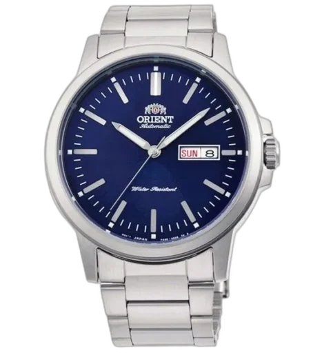 Zegarek Orient RA-AA0C02L39B z automatycznym mechanizmem, granatową tarczą, datownikiem dnia tygodnia i dnia miesiąca na godzinie 3. Model z wyrazistymi indeksami, stalową kopertą i bransoletą – elegancki i funkcjonalny na co dzień.