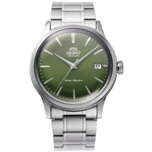 Zegarek Orient RA-AC0M09E30B z automatycznym mechanizmem, zieloną tarczą typu sunburst, datownikiem na godzinie 3 i eleganckimi srebrnymi indeksami. Model w stalowej kopercie z dopasowaną bransoletą, idealny na co dzień i do stylowych zestawień.
